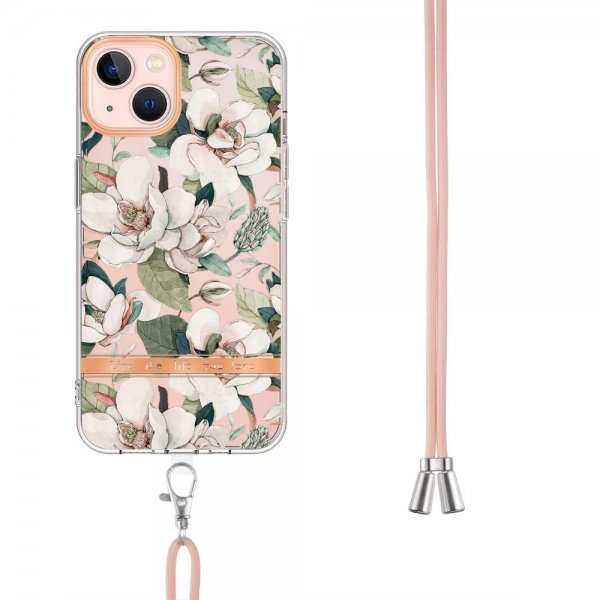 iPhone 15 Plus Cover Blomstermønster med Rem Grøn Gardenia