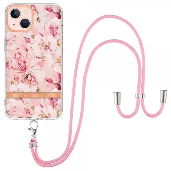 iPhone 15 Plus Cover Blomstermønster med Rem Rosa Gardenia