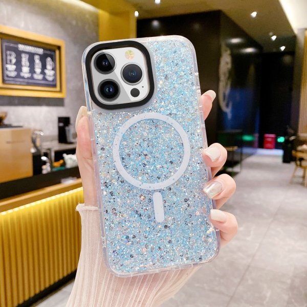 iPhone 15 Plus Cover Glitter MagSafe Blå