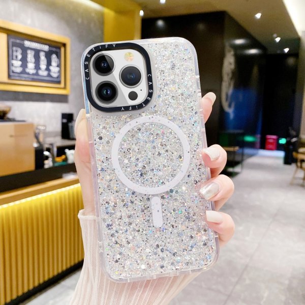 iPhone 15 Plus Cover Glitter MagSafe Hvid