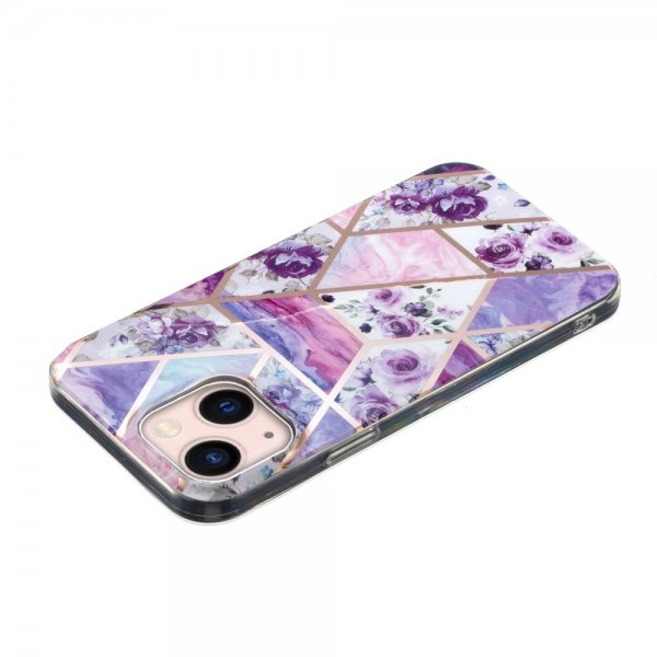 iPhone 15 Plus Cover Marmormønster Blomster Lilla