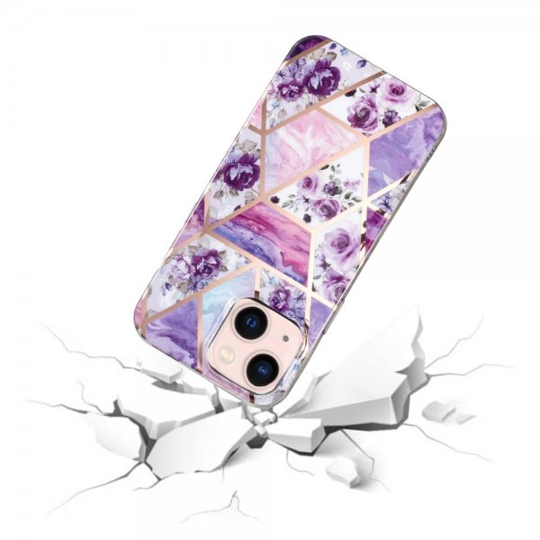 iPhone 15 Plus Cover Marmormønster Blomster Lilla