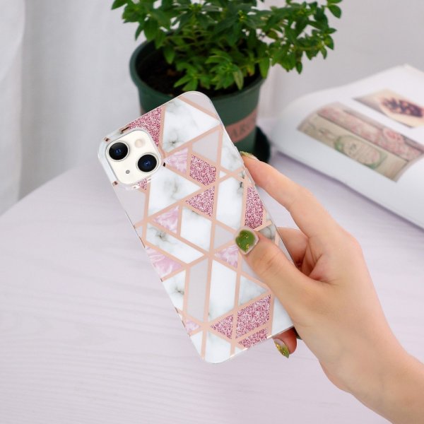 iPhone 15 Plus Cover Marmormønster Rosa Grå