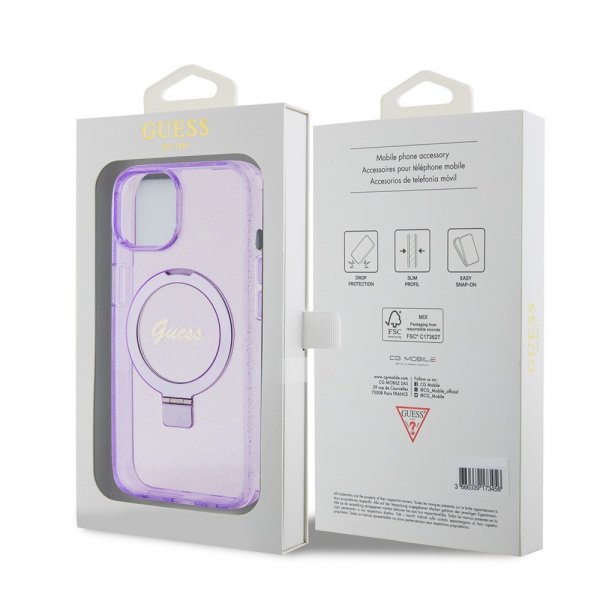 Guess iPhone 15 Plus Cover Ring Stand Glitter MagSafe Lilla