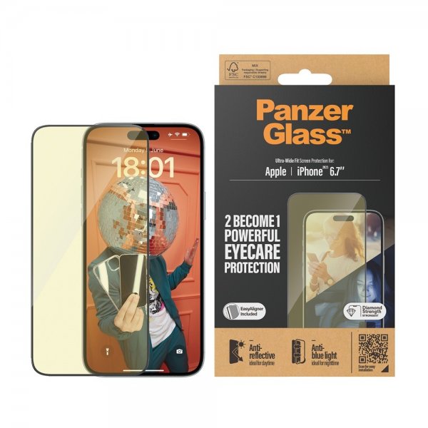 PanzerGlass iPhone 15 Plus Skærmbeskyttelse Eyecare Ultra-Wide Fit EasyAligner