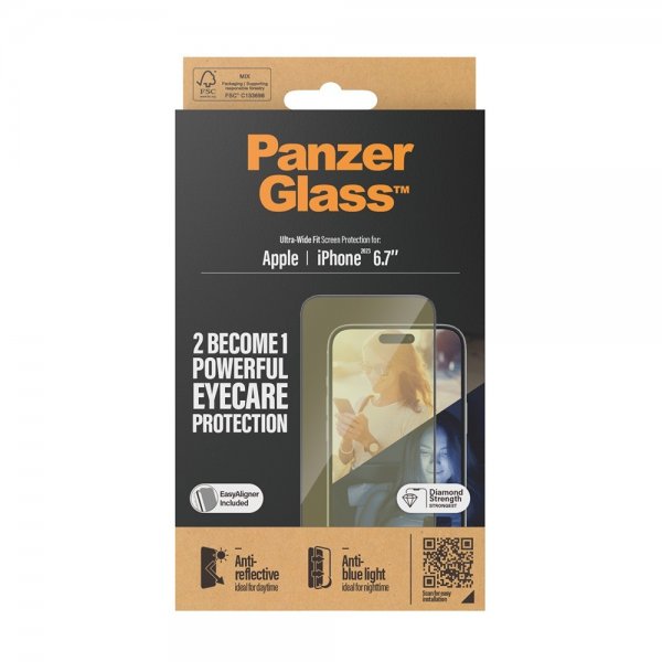 PanzerGlass iPhone 15 Plus Skærmbeskyttelse Eyecare Ultra-Wide Fit EasyAligner