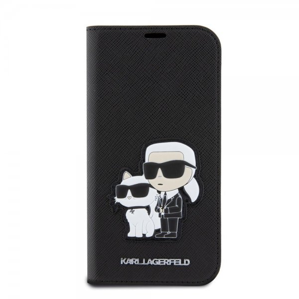Karl Lagerfeld iPhone 15 Pro Cover NFT Karl & Choupette Patch Saffiano Sort