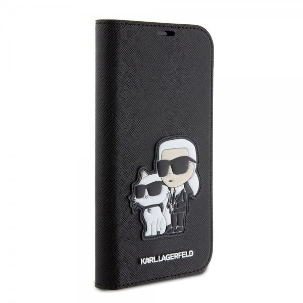 Karl Lagerfeld iPhone 15 Pro Cover NFT Karl & Choupette Patch Saffiano Sort