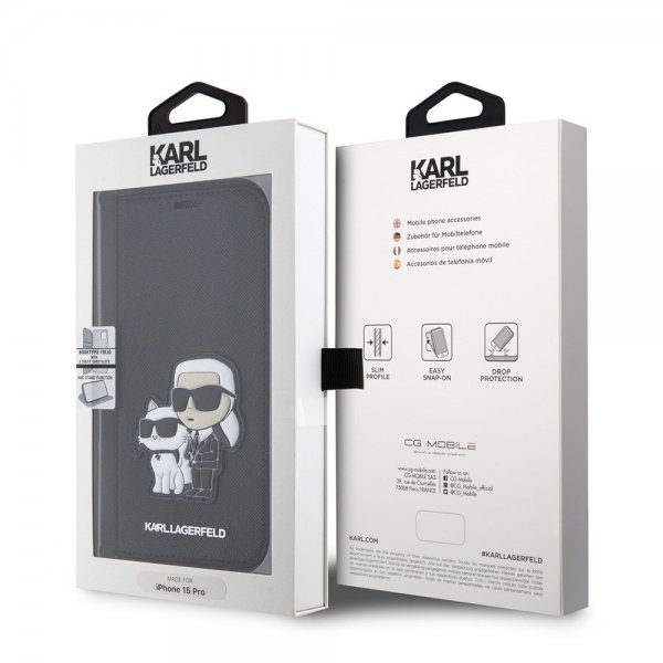 Karl Lagerfeld iPhone 15 Pro Cover NFT Karl & Choupette Patch Saffiano Sort