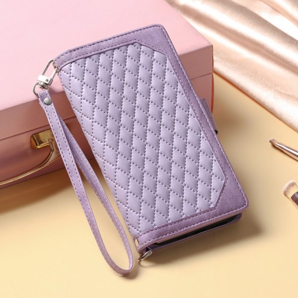 iPhone 15 Pro Cover Diamantmønster Lynlås Lilla