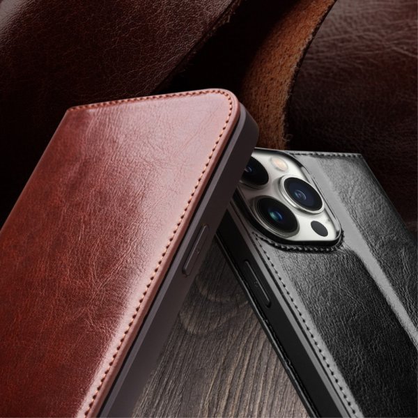 Qialino iPhone 15 Pro Max Etui Ægte Læder Brun