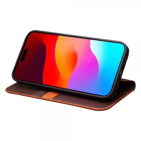 Qialino iPhone 15 Pro Max Etui Ægte læder Mat Brun