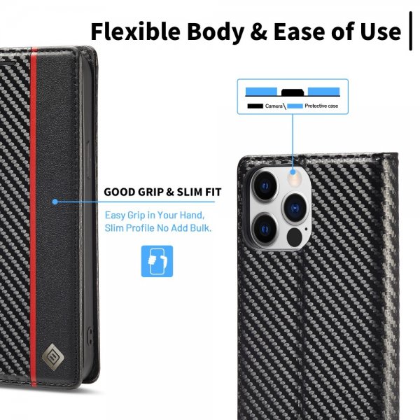 Lc.Imeeke iPhone 15 Pro Max Cover Kulstoffiberstruktur Rød Stribe Vertikal Sort