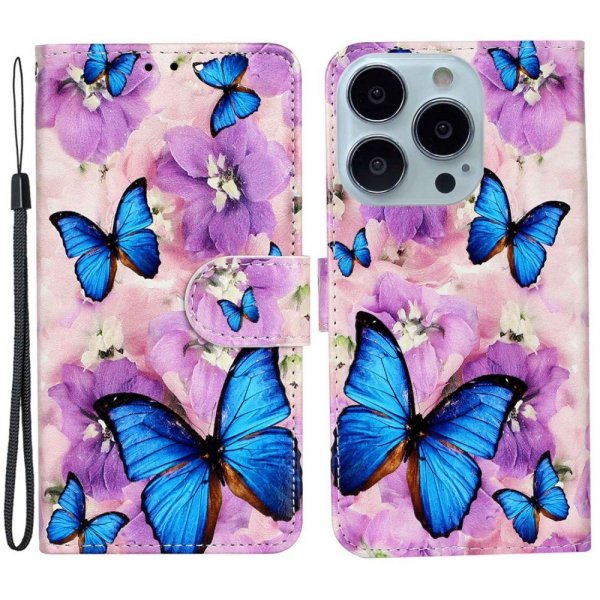 iPhone 15 Pro Max Cover Motiv Lilla Blomster Blå Sommerfugle