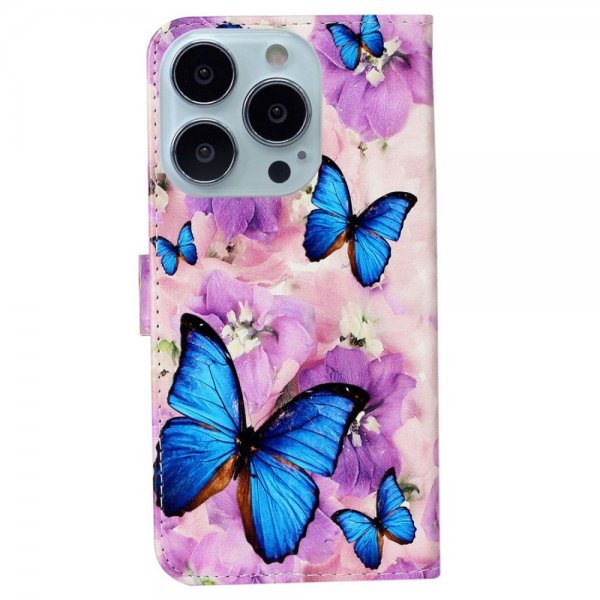 iPhone 15 Pro Max Cover Motiv Lilla Blomster Blå Sommerfugle