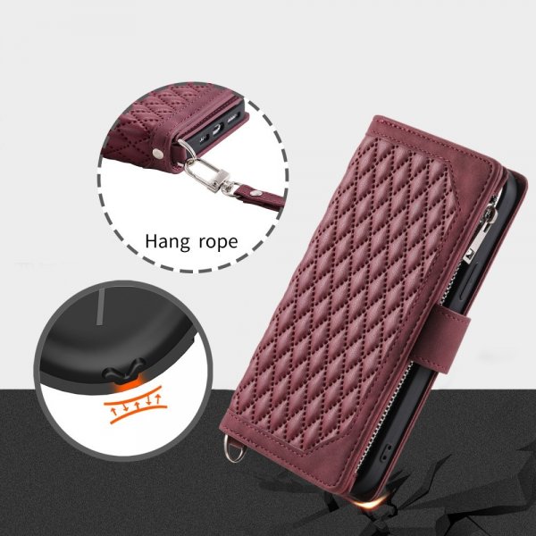 iPhone 15 Pro Max Etui Diamantmønster Lynlås Rød