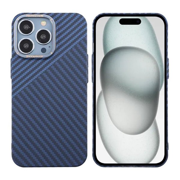 iPhone 15 Pro Max Cover Kulstofmønster Blå Grå