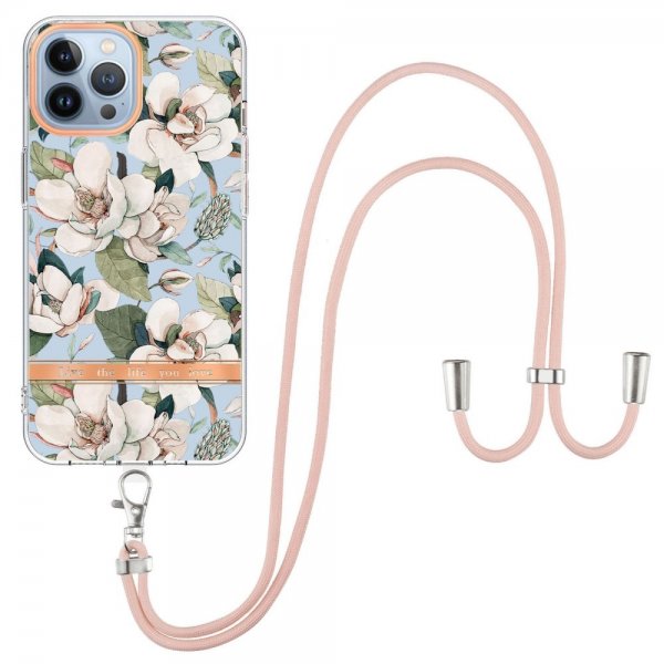 iPhone 15 Pro Max Cover Blomstermønster med Rem Grøn Gardenia