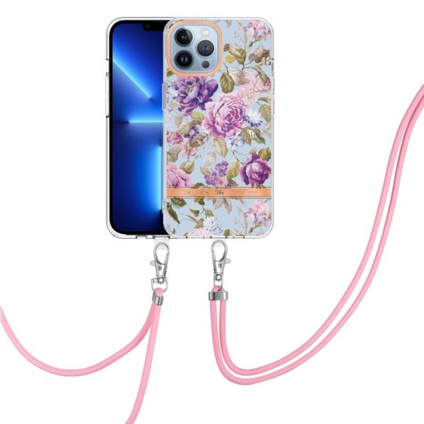 iPhone 15 Pro Max Cover Blomstermønster med Rem Lilla Pæon