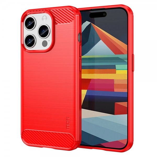 Mofi iPhone 15 Pro Max Cover Børstet Kulfibertekstur Rød