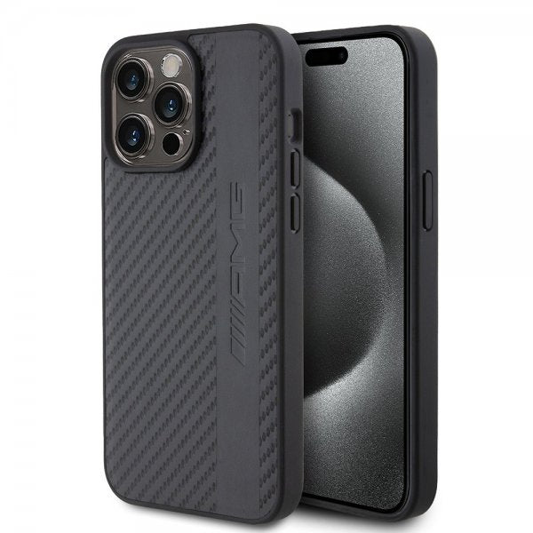 Mercedes Benz iPhone 15 Pro Max Cover Carbon Effect Leather Stripe AMG Sort