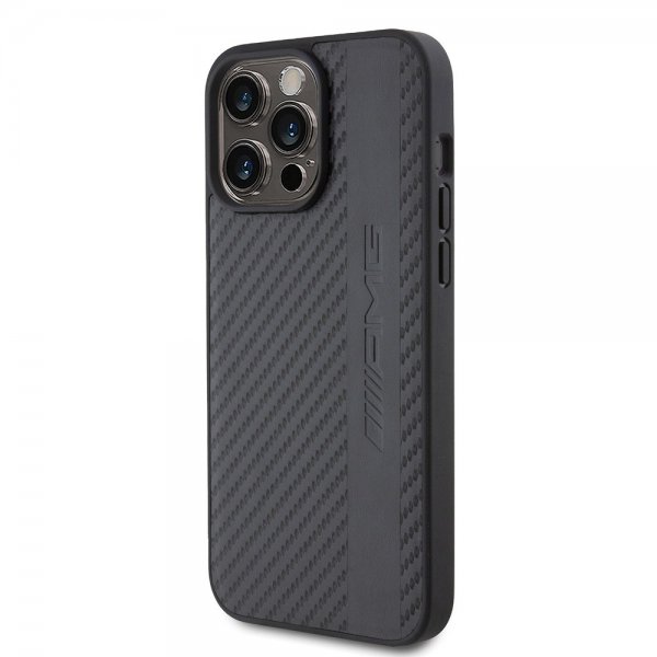 Mercedes Benz iPhone 15 Pro Max Cover Carbon Effect Leather Stripe AMG Sort