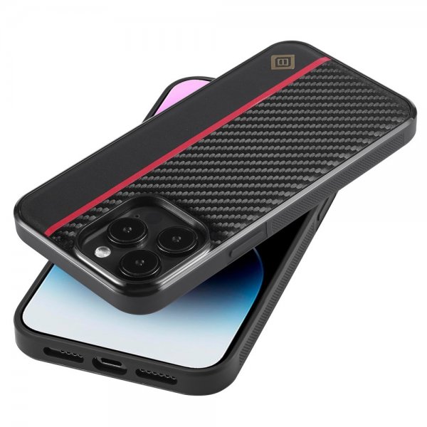 Lc.Imeeke iPhone 15 Pro Max Cover Kulfibertekstur Rød Stribe Sort