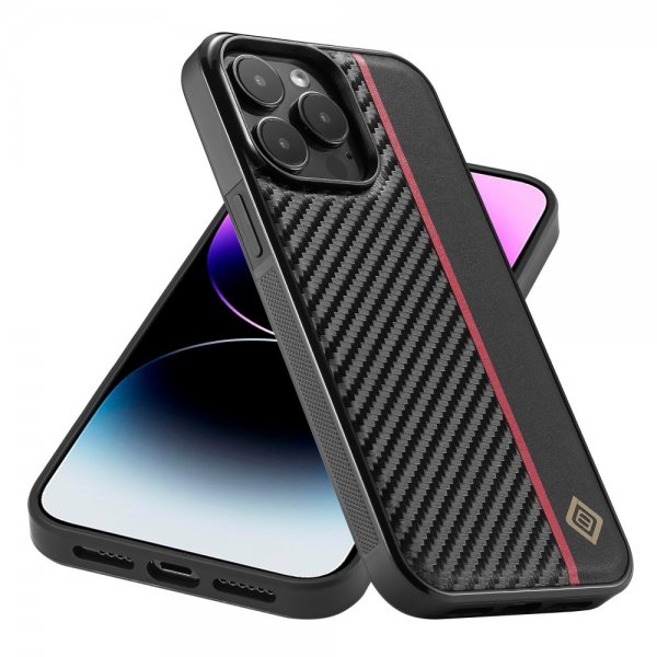 Lc.Imeeke iPhone 15 Pro Max Cover Kulfibertekstur Rød Stribe Sort