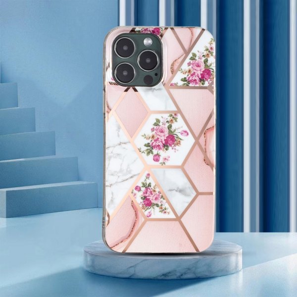 iPhone 15 Pro Max Cover Marmormønster Blomster Rosa