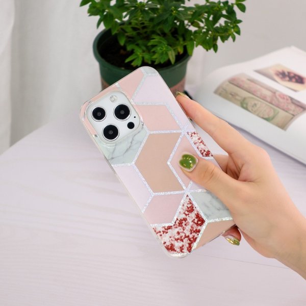 iPhone 15 Pro Max Cover Marmormønster Rød Lyserød