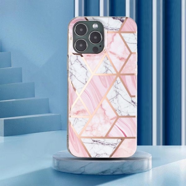 iPhone 15 Pro Max Cover Marmormønster Rosa Hvid