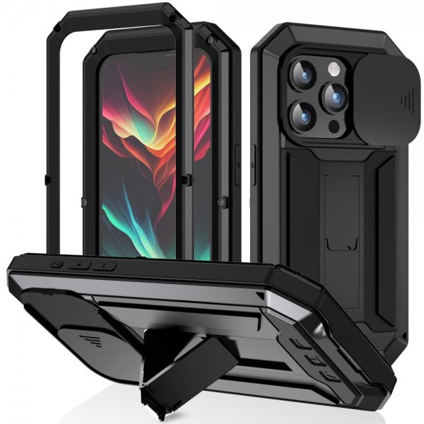R-JUST iPhone 15 Pro Max Cover Metal Stødsikker Kamerabeskyttelse Sort