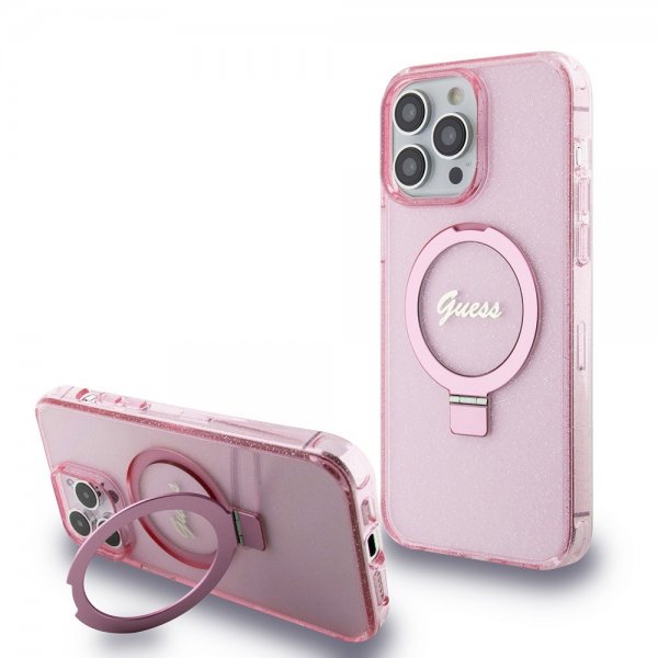 Guess iPhone 15 Pro Max Cover Ring Stand Glitter MagSafe Rosa