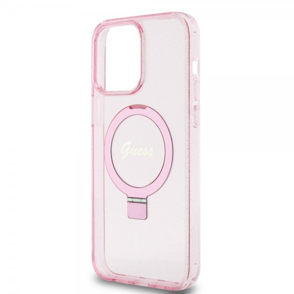 Guess iPhone 15 Pro Max Cover Ring Stand Glitter MagSafe Rosa