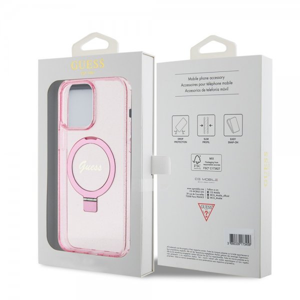 Guess iPhone 15 Pro Max Cover Ring Stand Glitter MagSafe Rosa