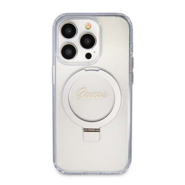 Guess iPhone 15 Pro Max Cover Ring Stand Glitter MagSafe Transparent