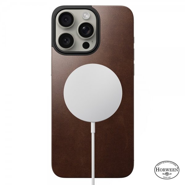 Nomad iPhone 15 Pro Max Skin Magnetic læderbagside Horween Rustic Brown