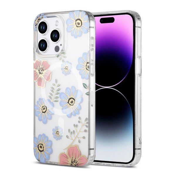 iPhone 15 Pro Cover Blomstret mønster MagSafe Rød Blå
