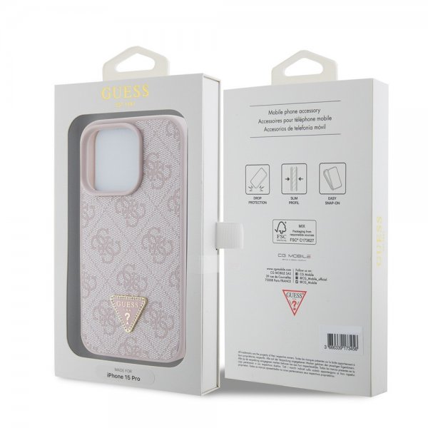 Guess iPhone 15 Pro Cover 4G Metal Triangle Strass Rosa