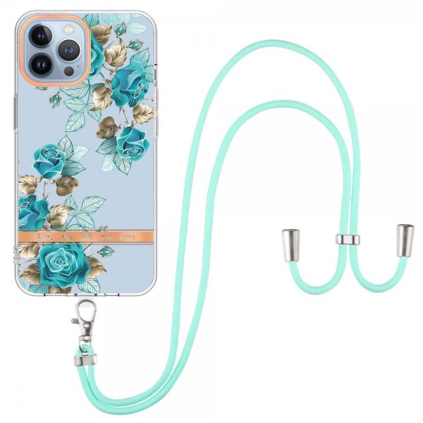 iPhone 15 Pro Cover Blomstermønster med Rem Blå Roser