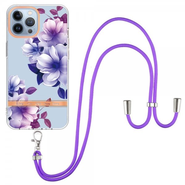 iPhone 15 Pro Cover Blomstermønster med Rem Lilla Begonia