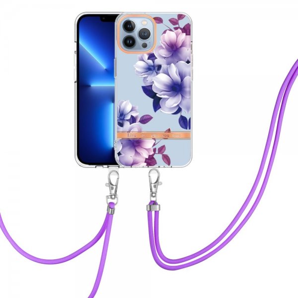 iPhone 15 Pro Cover Blomstermønster med Rem Lilla Begonia