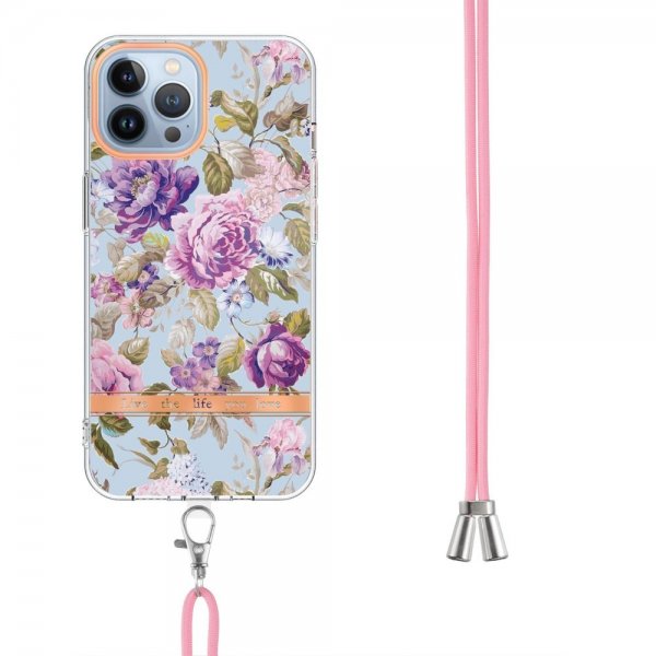 iPhone 15 Pro Cover Blomstermønster med Rem Lilla Pæon