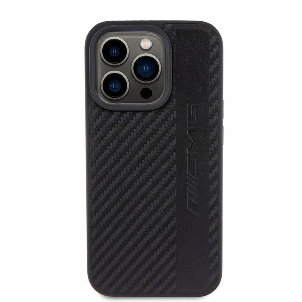 Mercedes Benz iPhone 15 Pro Cover Carbon Effect Leather Stripe AMG Sort