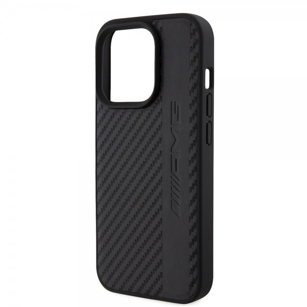 Mercedes Benz iPhone 15 Pro Cover Carbon Effect Leather Stripe AMG Sort