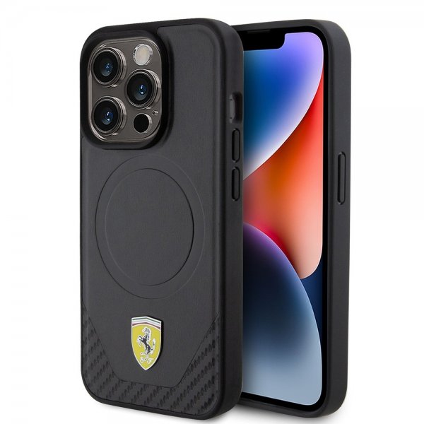 Ferrari iPhone 15 Pro Cover Carbon PU Læder MagSafe Sort