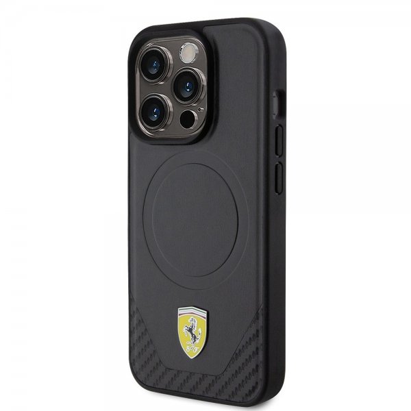Ferrari iPhone 15 Pro Cover Carbon PU Læder MagSafe Sort
