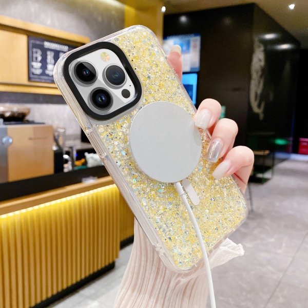 iPhone 15 Pro Cover Glitter MagSafe Guld