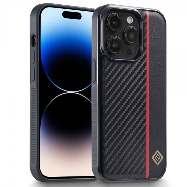Lc.Imeeke iPhone 15 Pro Cover Kulfibertekstur Rød Stribe Sort