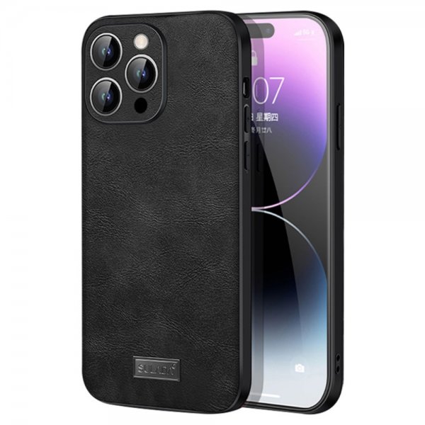 Sulada iPhone 15 Pro Cover Lædertekstur Sort
